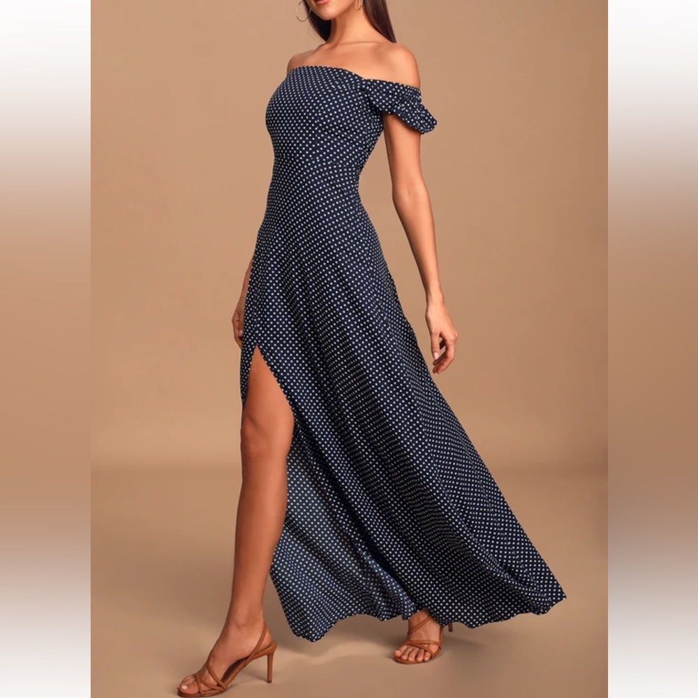 Lulus Dream Love Navy Blue Polka Dot Off-the-Shoulder Maxi Dress